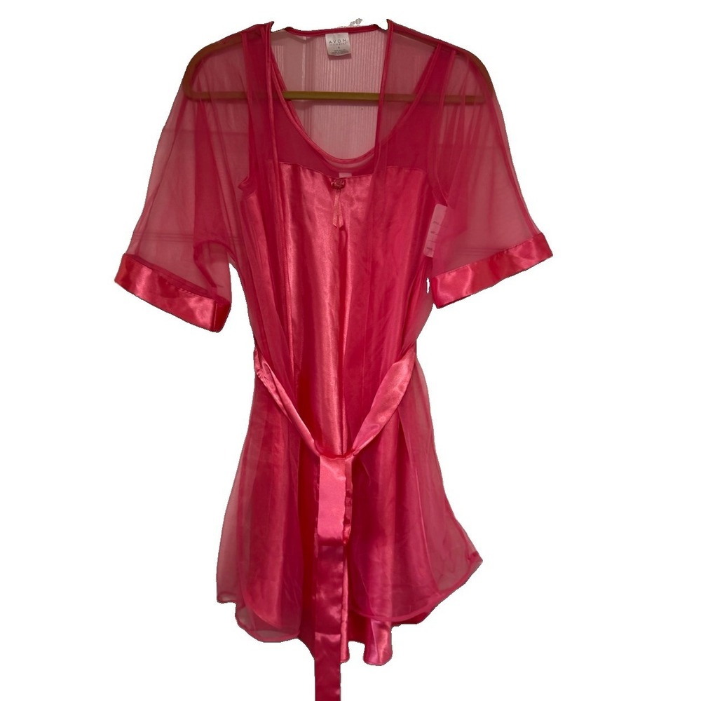 Vintage Avon Hot Pink Rose Sheer Robe & Satin Nightgown Set Small
